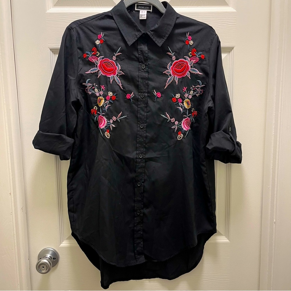Another Story Black Button Down Dress Shirt with Flower Decal